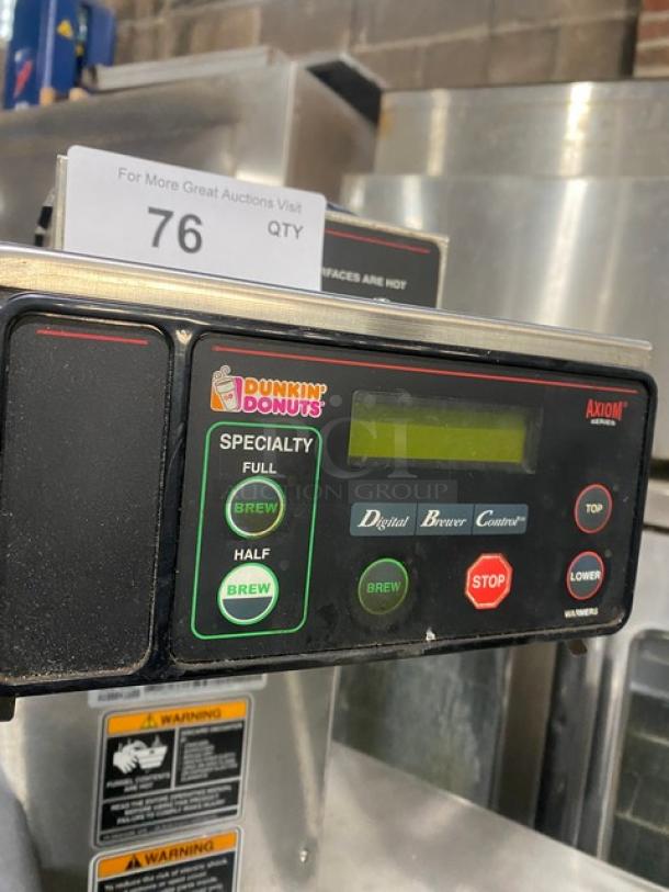 Bunn Axiom Series commercial coffee brewer with digital controls, upper and lower warming plate. Dunkin Donuts branding. Model AXIOM-352.