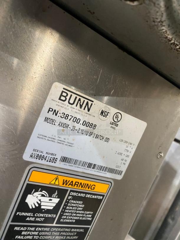 Bunn Axiom Series Commercial Coffee Brewer label; Model AXIOM-35-2, SN: AX00041688, 120/208-240V, 1 Phase.