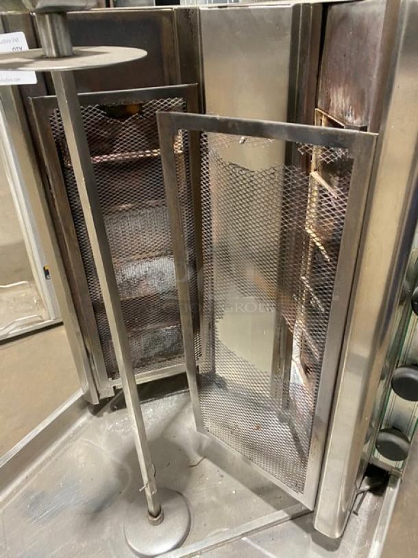 Visvardis DG12V gyro machine, stainless steel, 6 double burners, liquid propane/natural gas, on legs, model SN: 0377.