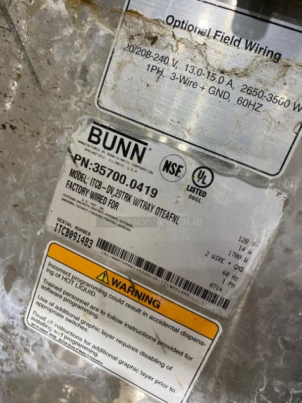 Bunn Infusion Series ITCB-DV commercial tea/coffee brewer label, showing model, serial number ITCB091483, and wiring details.