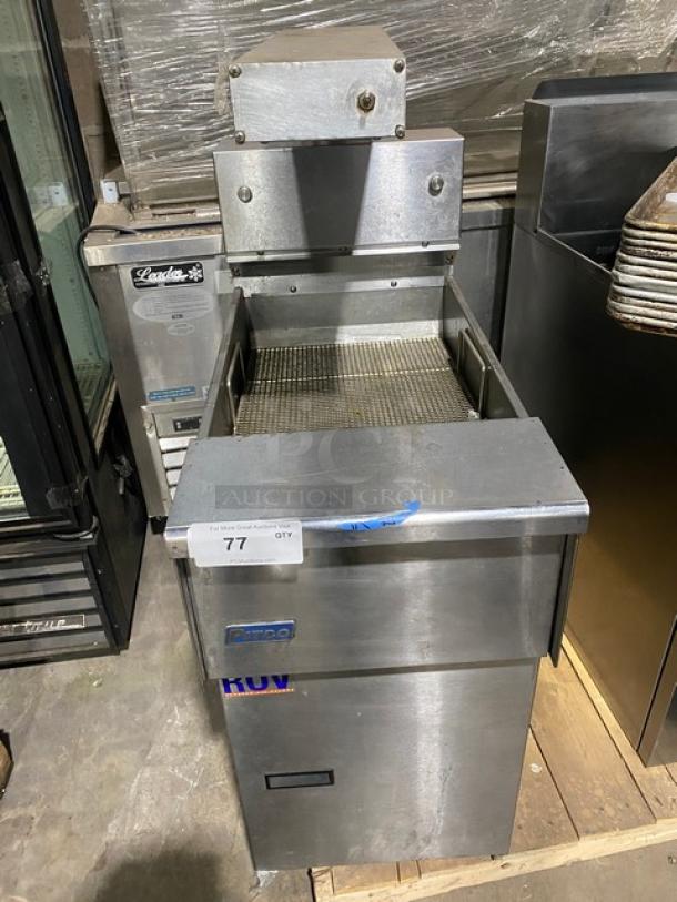 Pitco Solstice SELVBNB commercial fryer with bread & batter cabinet. Includes BNB dump station, overhead heat lamp, on legs.