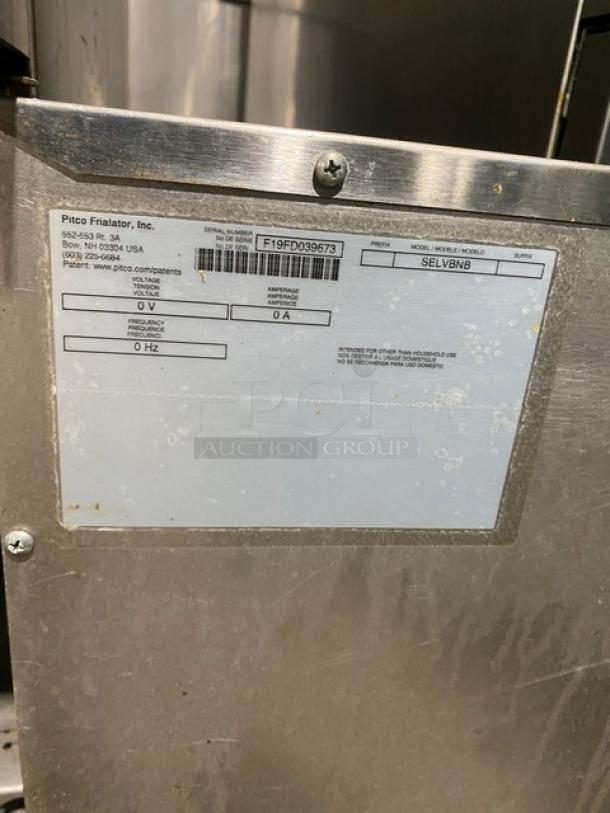Pitco Solstice Series SELVBNB stainless steel fryer with bread & batter cabinet, BNB dump station, and heat lamp, serial F19FD039673.