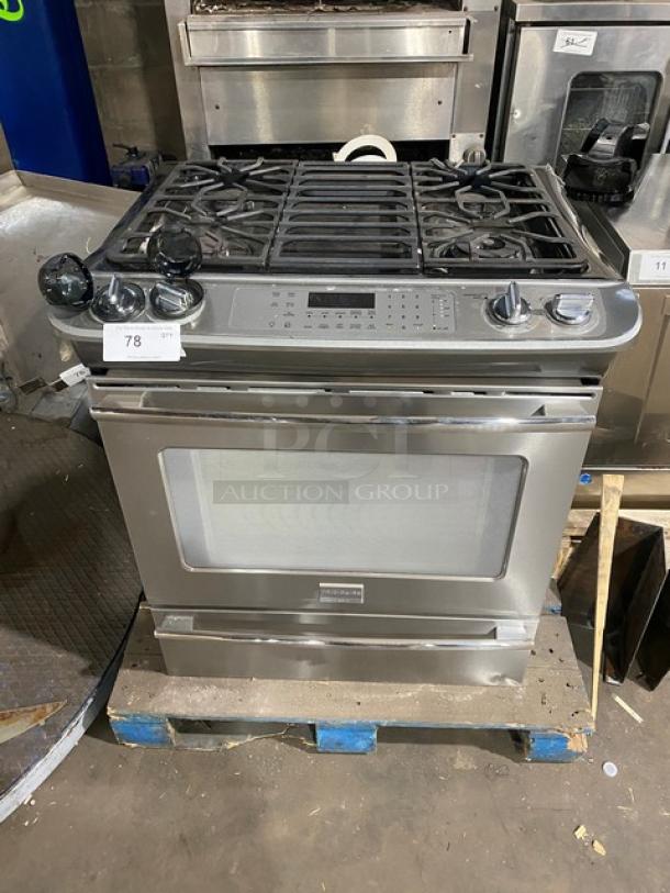 Frigidaire Professional Series stainless steel 4-burner gas range/oven combo with warming drawer, Model FPGS3085KFH.