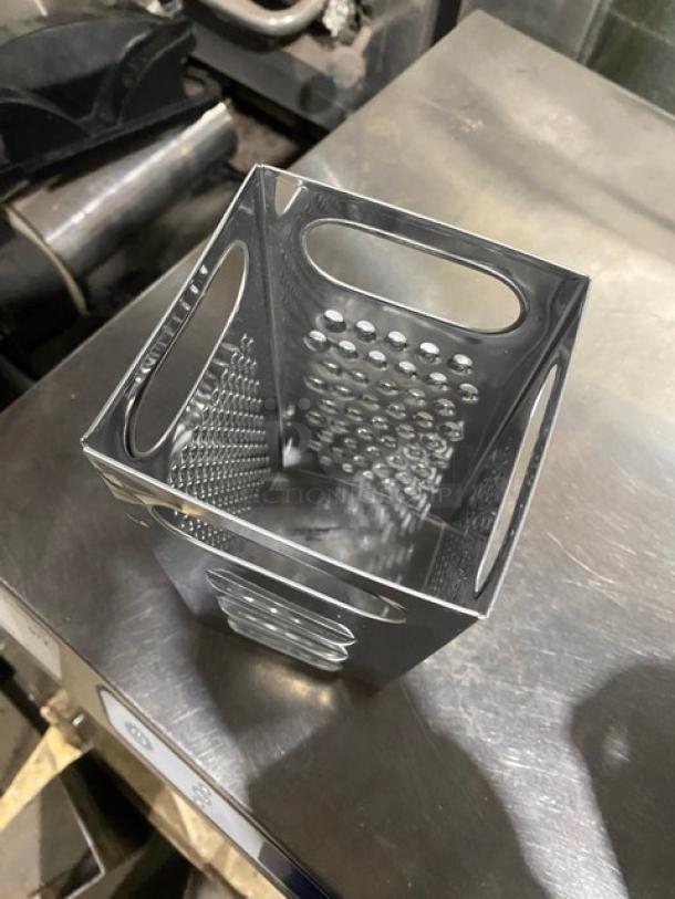 Commercial Stainless Steel 4-Sided Handheld Box Grater, shiny finish, ergonomic handle, versatile grating surfaces.