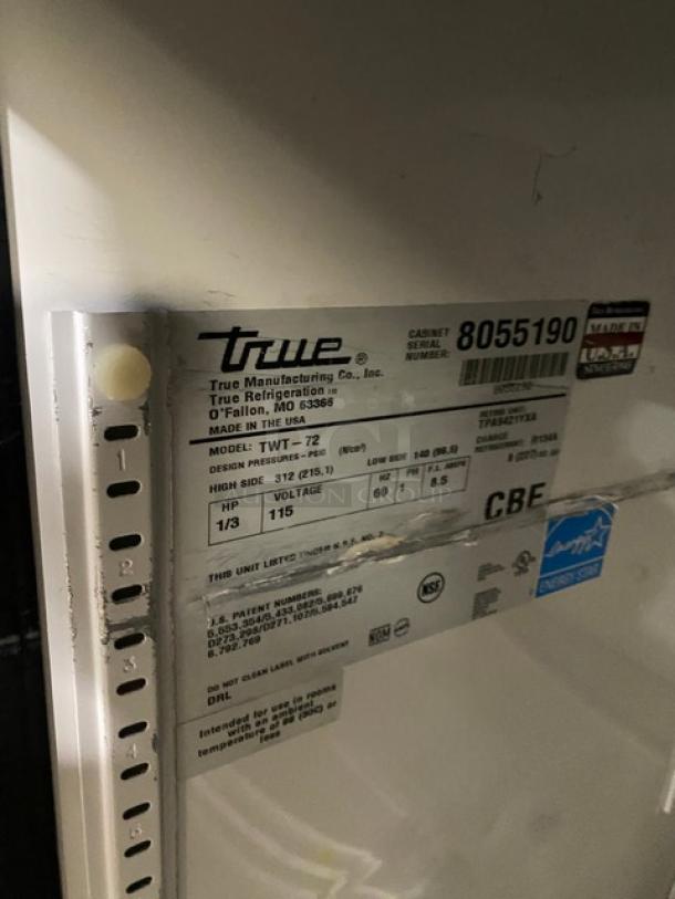True TWT-72 commercial worktop refrigerator label, showing model, serial number 8055190, and Energy Star certification.