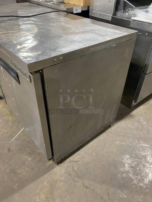 Maxx Cold X-Series 2-Door Stainless Steel Worktop Freezer, Model MXCF60U, features poly-coated rack, gently used condition.