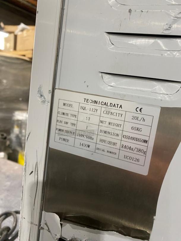 Cooler Depot commercial ice cream batch freezer, model BQL-112Y, 110V, 20L/h capacity, stainless steel, serial UC0126, on legs.