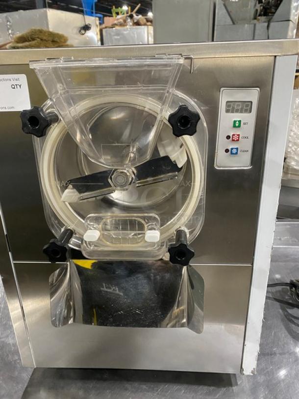 Cooler Depot BQL112Y stainless steel ice cream batch freezer, countertop model, 110V, with control panel and clear cover.