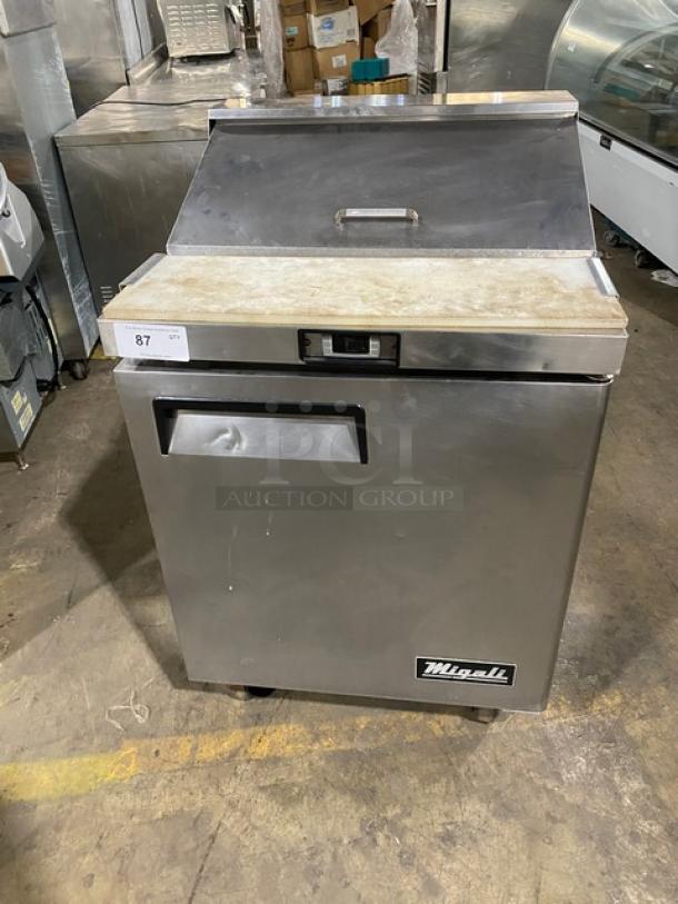 Migali stainless steel refrigerated bain marie prep table with cutting board, poly-coated rack, on casters, used condition.