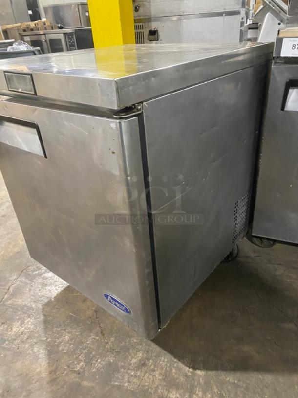 Atosa stainless steel single-door undercounter worktop freezer, poly-coated wired rack, 115V, on casters, clean condition.