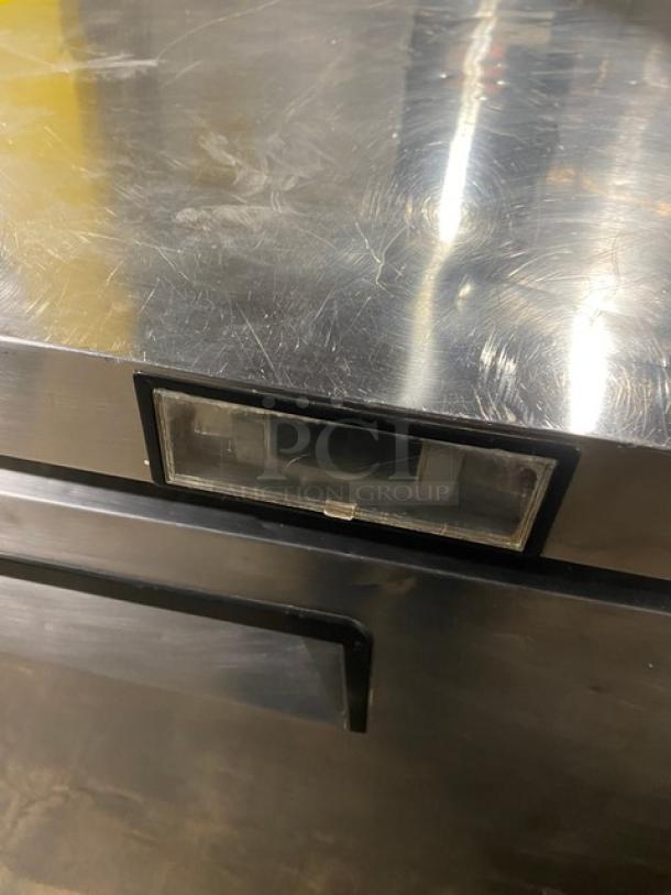 Atosa commercial stainless steel single door undercounter worktop freezer, poly coated wire rack, 115V, on casters.