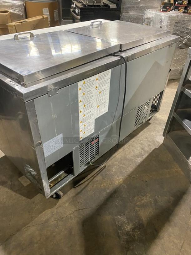 Turbo Air Super Deluxe Series stainless steel 2-door refrigerated prep table, Model TST-60SD-24-N, with cutting board, chrome rack, on casters.