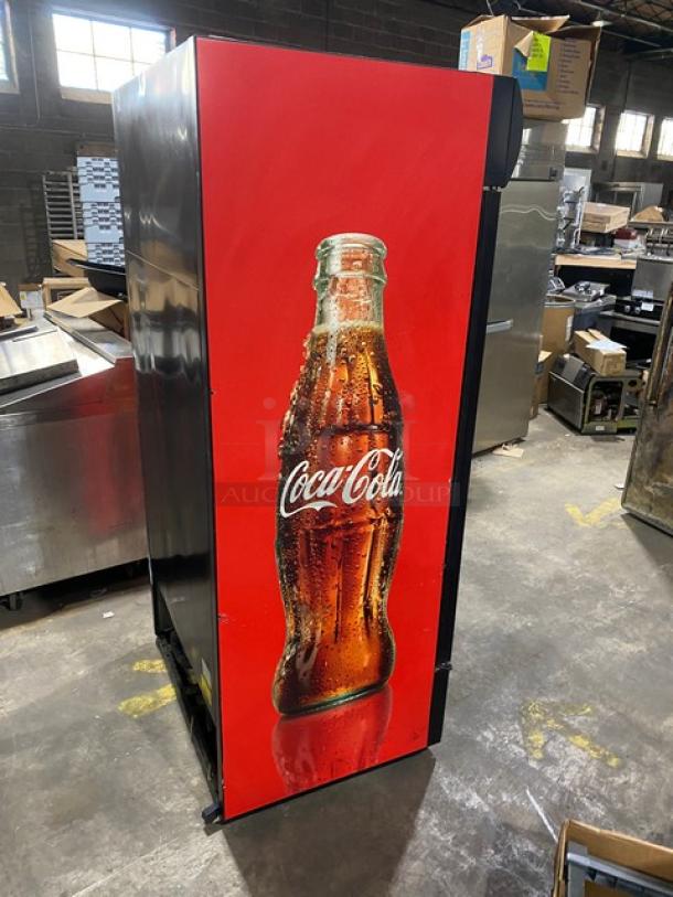 True Coca-Cola style black double glass door merchandiser refrigerator, Model GDM-35EM, Energy Star, poly-coated rack.