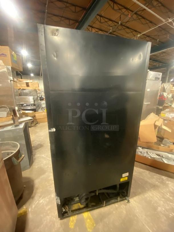True Coca-Cola style commercial black double glass swing door reach-in merchandiser refrigerator, GDM-35EM, poly-coated wired rack, Energy Star certified, 115V, SN: 7182176.