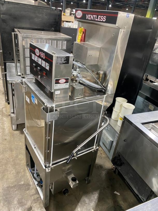 CMA Model 180VL stainless steel high-temp ventless dishwasher, Energy Star certified, with legs, in good condition.