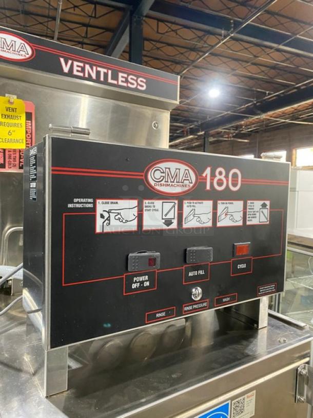 CMA 180VL commercial stainless steel ventless dishwasher, high-temp, single rack, Energy Star certified, with operational labels.