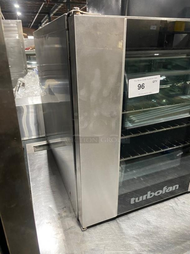 Moffat Turbofan Series stainless steel countertop convection oven, electric-powered, includes wired oven rack, good condition.