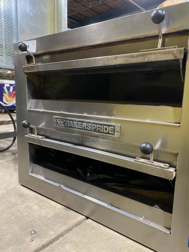 Bakers Pride SuperDeck EP22828 stainless steel electric double deck pizza oven, model EP-2-2828, in used condition.