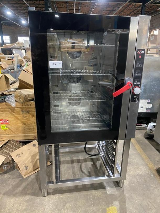 Axis commercial stainless steel electric combi oven with digital controls, wired oven rack, 3 phase, on legs, excellent condition.