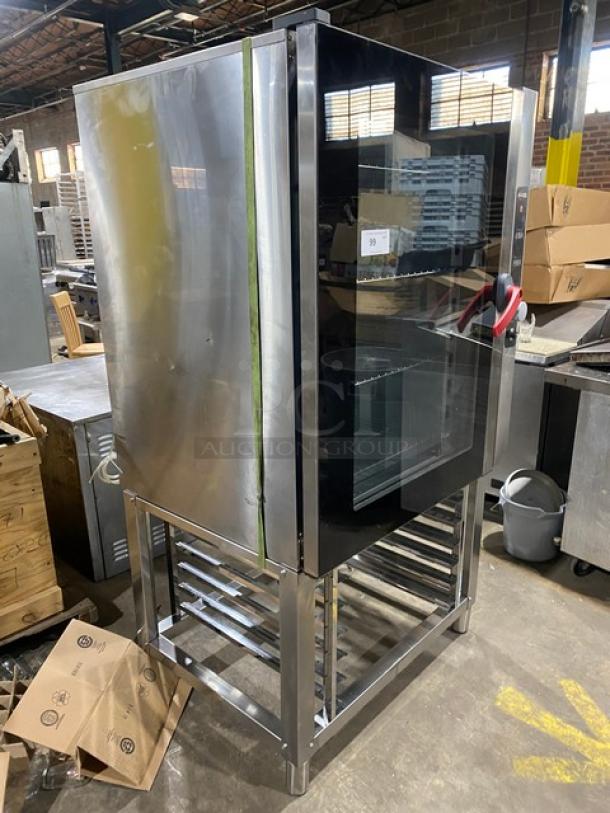 Axis stainless steel electric combi oven with digital controls, wired oven rack, 3-phase, on sturdy legs, excellent condition.