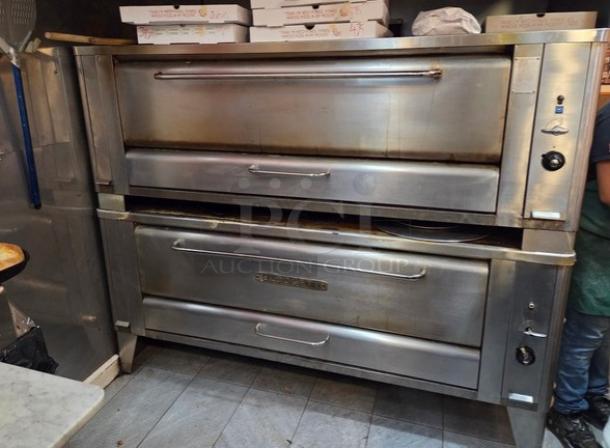 Blodgett commercial stainless steel double-stacked pizza deck oven on legs, featuring a robust design and durable construction.