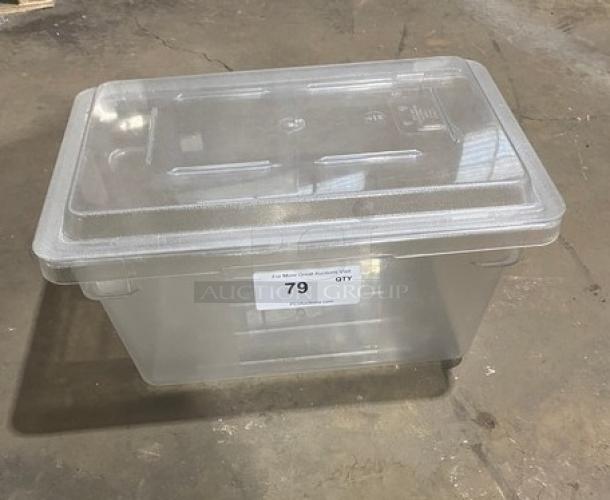 Cambro clear polycarbonate rectangular food storage container with lid. Durable, transparent design; label showing item 79 visible.