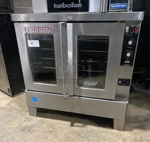 Blodgett BDO Series stainless steel gas convection oven, single stack, Energy Star certified, with wired rack on legs.