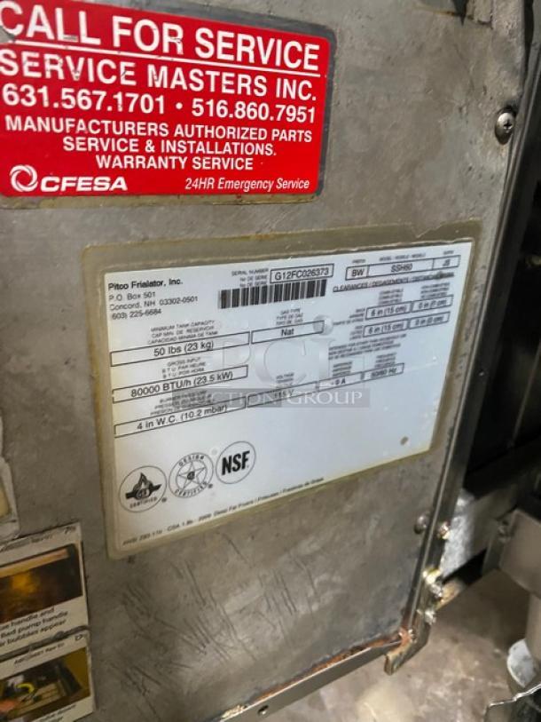 Label on Pitco SSH60 fryer details specs: 50 lbs capacity, 80,000 BTU, NSF certified, natural gas, serial G12FC026373.