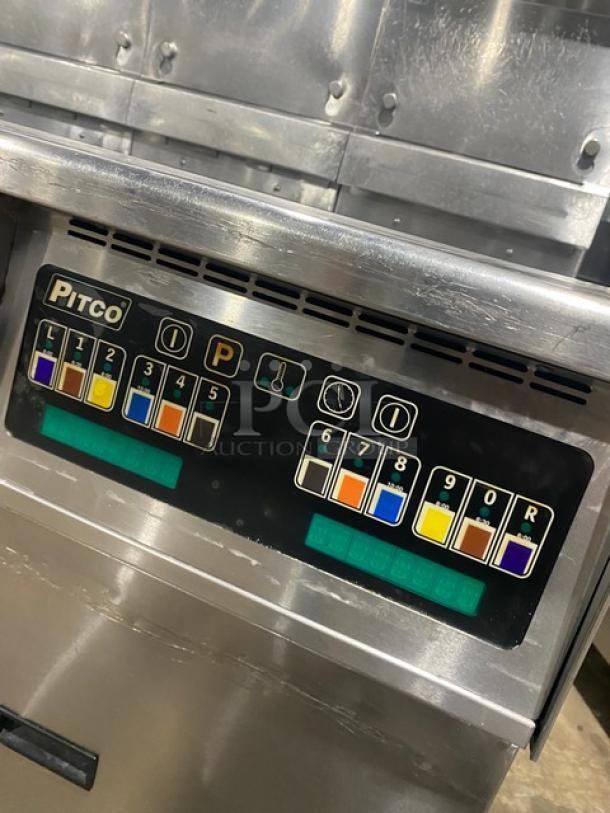 Pitco SSH60 commercial stainless steel deep fryer control panel, colorful control buttons visible, natural gas, 50 lb capacity.