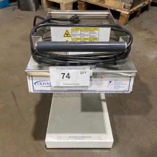 Oliver Commercial White Powder Coated Stainless Steel Electric Powered Countertop Gravity-Feed Mini Chip/Bagel Slicer! Model: 738 SN: 189180! 115V 1 Phase! WORKING WHEN REMOVED! - Item #1226480