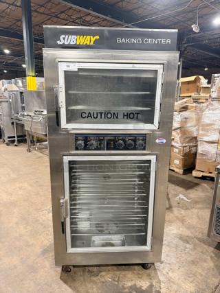 Nu-Vu SUB123 Subway-style stainless steel double deck oven/proofer combo. 208V, 3-phase, with wired oven racks, on casters.