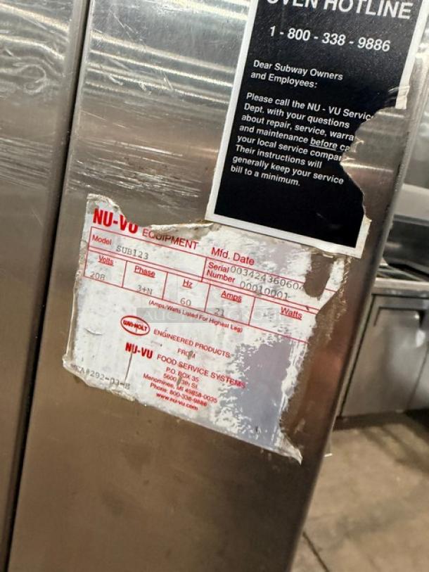 Nu-Vu SUB123 double deck oven/proofer combo, stainless steel, 208V 3 Phase, on casters, with wired racks, working condition.