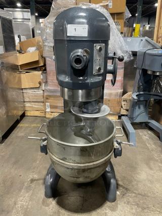 Hobart H-600T commercial charcoal gray 60 qt. electric dough mixer with bowl and hook, 220V 3-phase, serial number 1729975.
