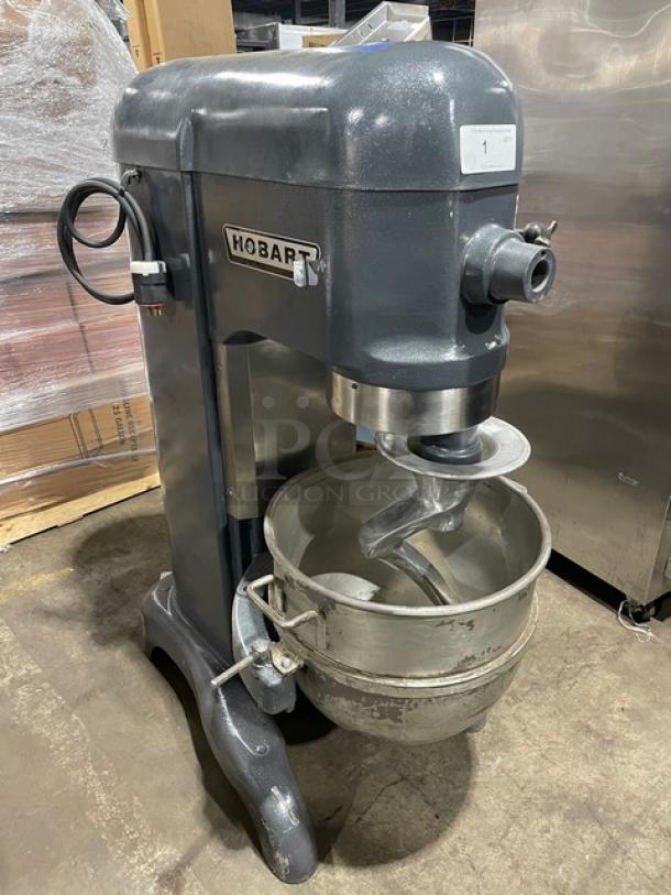 Hobart H600T 60 Qt. grey planetary dough mixer with mixing bowl and dough hook attachment, electric 220V 3-phase, Model SN: 1729975.