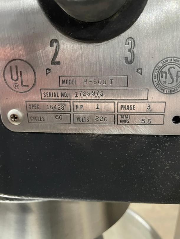 Hobart H-600T 60 Qt. Planetary Dough Mixer, charcoal gray, with mixing bowl, dough hook, 220V, 3-phase, serial 1729975.