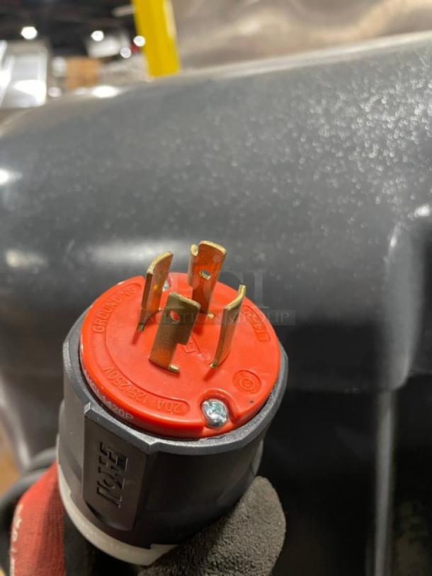 Hobart H600T commercial mixer 220V plug close-up. Charcoal gray finish, features planetary mixing. Includes bowl and hook.