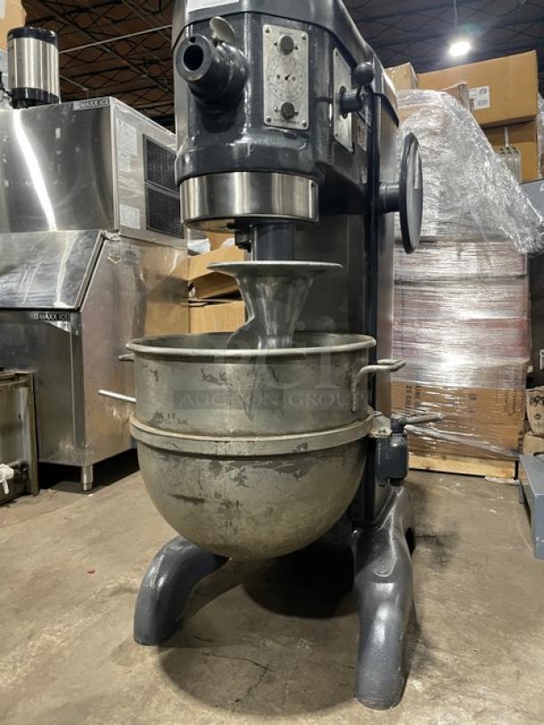 Hobart H-600T 60 Qt. commercial dough mixer in charcoal gray with mixing bowl and dough hook. Model H600T, SN: 1729975. 220V, 3-phase.