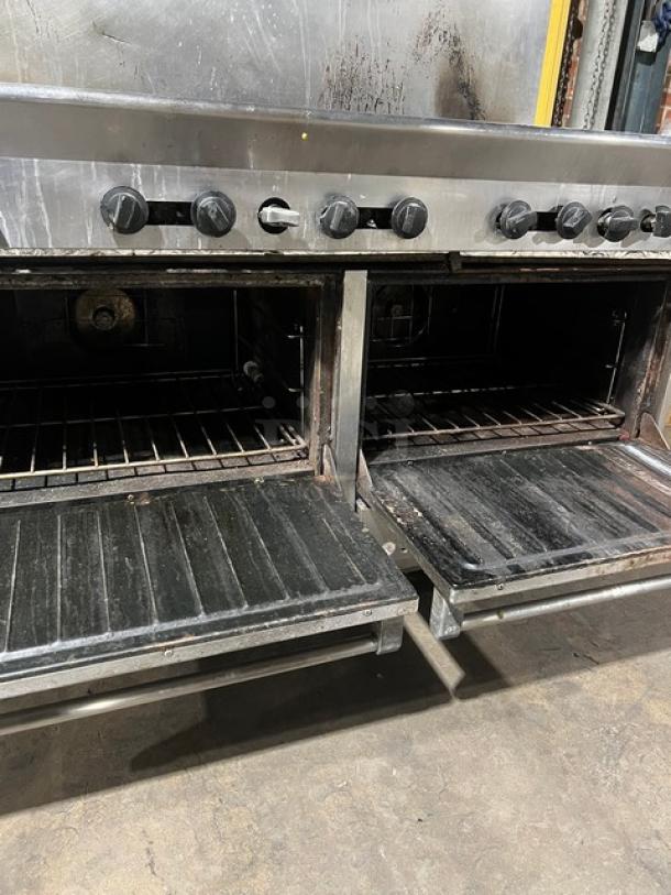 U.S. Range Commercial 10-burner stainless steel gas range with double oven, backsplash, and wired oven racks. Used condition.