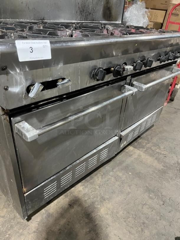 U.S. Range stainless steel 10-burner gas range with double oven, wired rack, and backsplash. Used condition.