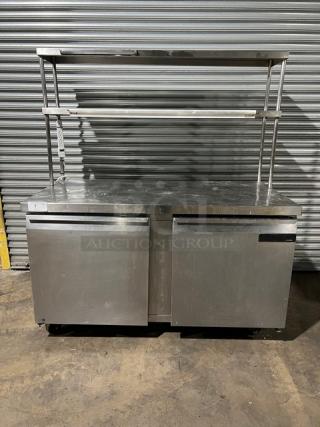 Continental Commercial Stainless Steel 2 Door Worktop Refrigerator! With Double Overhead Shelf & Ticket/Order Holder! With Poly Coated Wired Rack! Model: SW60 SN: 15065218! 115V 1 Phase! On Casters! - Item #1227475