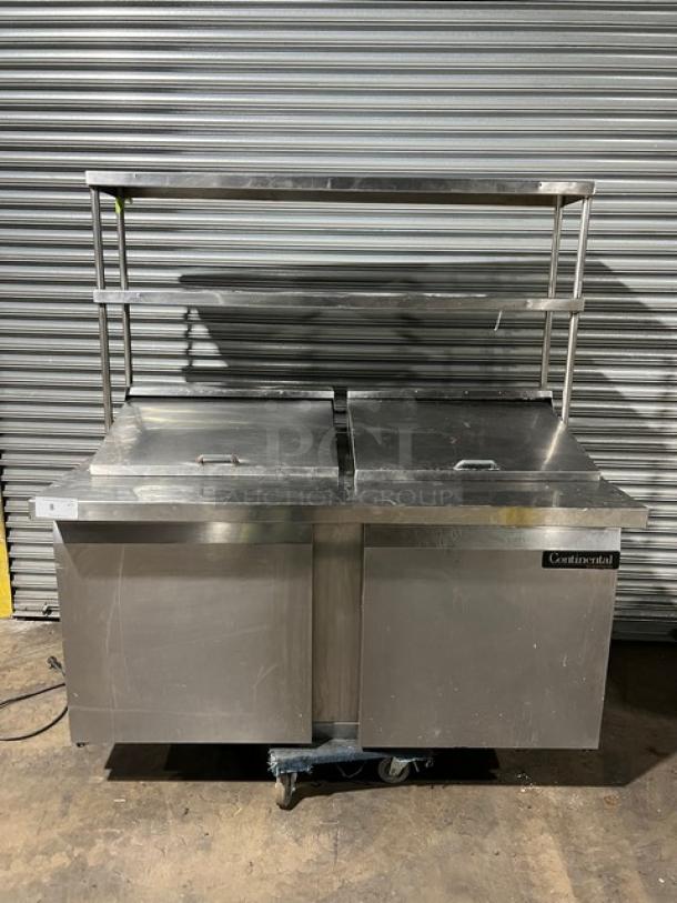 Continental SW60-24M stainless steel 2-door refrigerated prep table with overhead shelf and poly-coated rack. Model SN: 15079667.