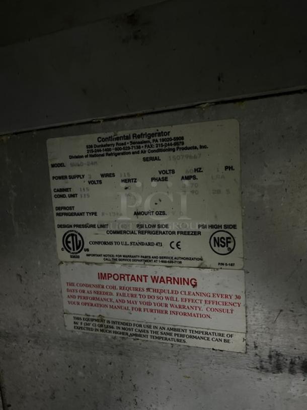 Continental Commercial Stainless Steel Prep Table label, Model: SW60-24M, SN: 15079667, 115V, commercial use warning.