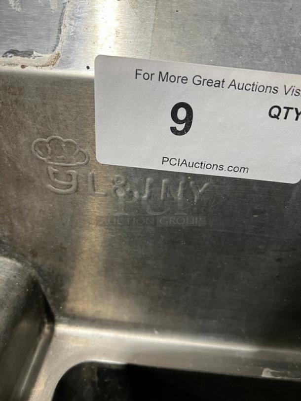 L&J Stainless Steel 2-Compartment Prep Sink with swing spout swivel faucet. Embossed branding and auction tag visible.