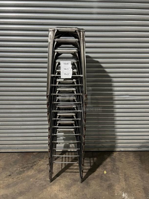 Stackable bar-height stools, commercial-grade, metal, set of five, excellent condition, dimensions labeled: 13"x13", 14"x5", 15".