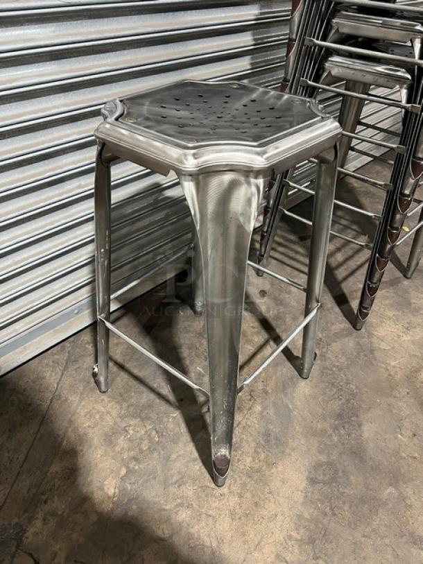 Stackable bar-height stool, metallic finish, hexagon seat design, commercial-grade, durable condition, set of five.