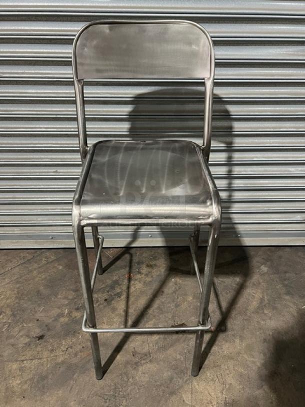 Commercial stackable bar-height chair, metal, industrial design. Good condition, ideal for high-traffic areas. 7X your bid.