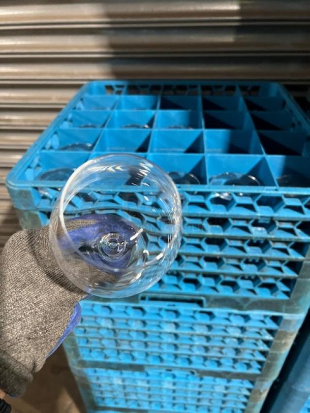 Carlisle Blue 25-compartment cup rack with extenders, holding miscellaneous glasses, used condition.