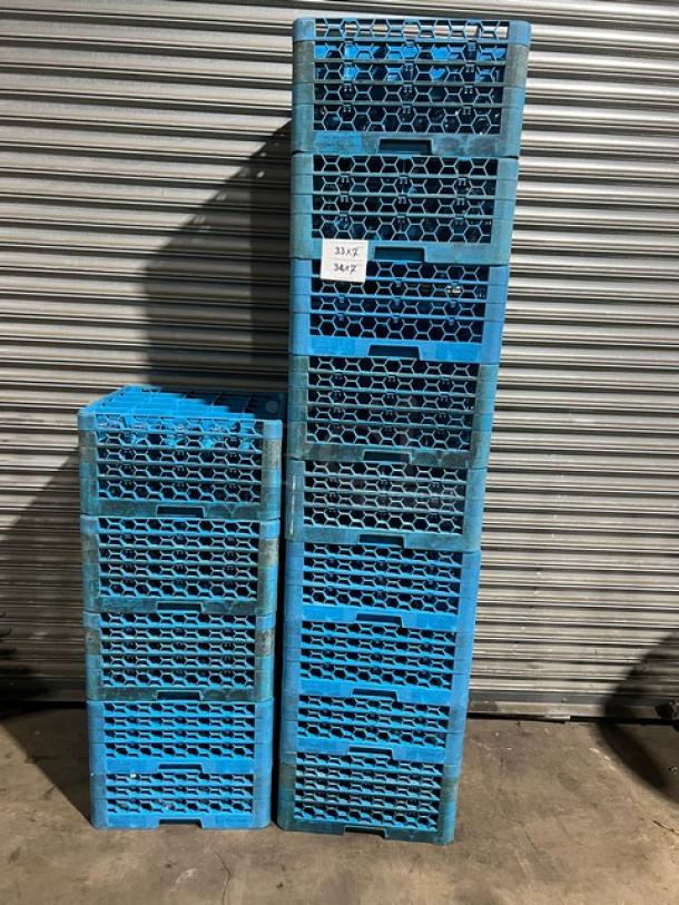 Carlisle Commercial Blue 25-Compartment Cup Racks with extenders, stackable design, sign "3347 3447" visible, used condition.