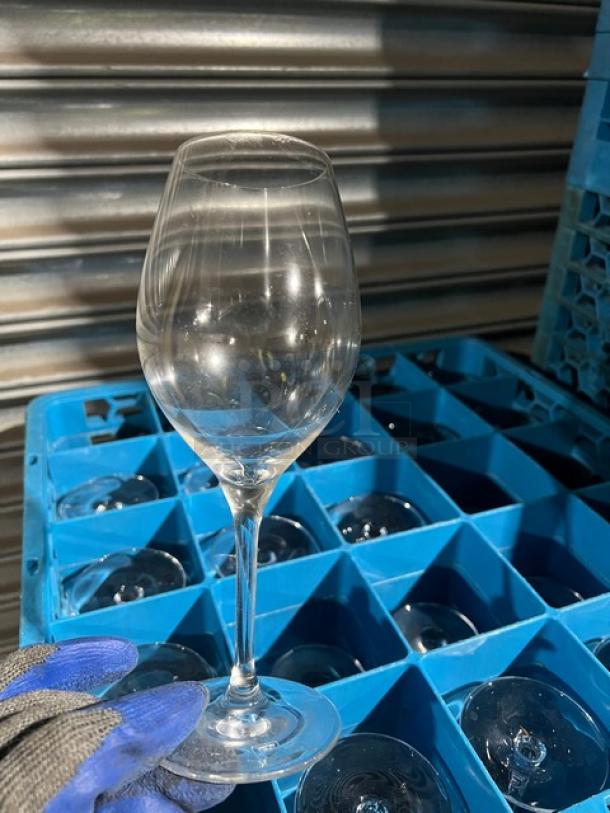 Carlisle blue 25-compartment cup rack with extenders holding assorted glasses. Used condition, ideal for commercial use.