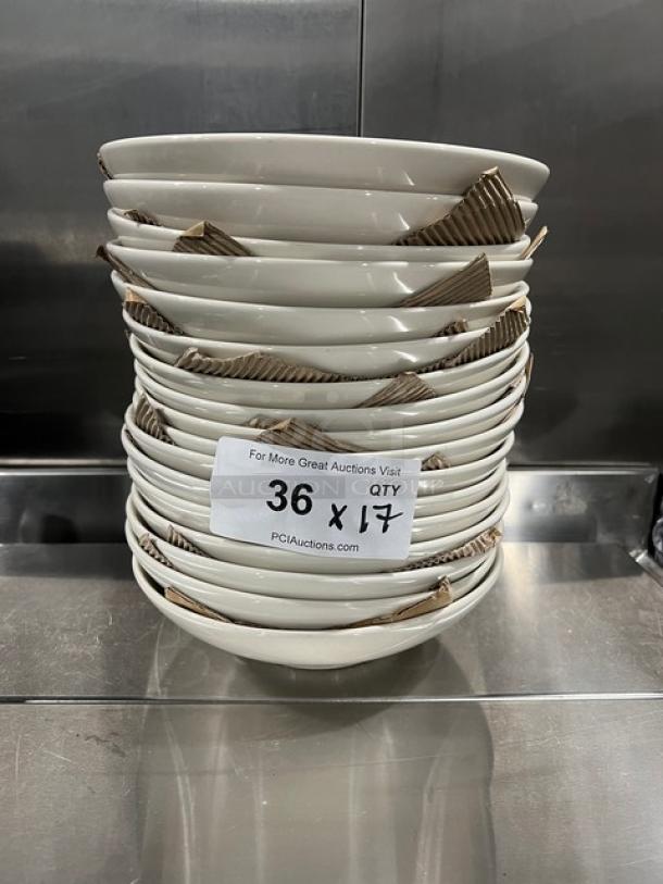Anfora Commercial White Round Bowls stacked, new condition, 36-count labeled, cardboard separators visible.